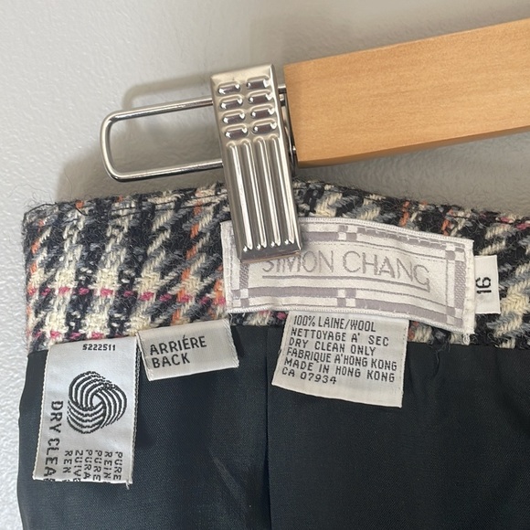 VTG 90s Simon Chang Designer 100% Wool Houndstooth Knee Length Skirt M/L - Picture 13 of 13